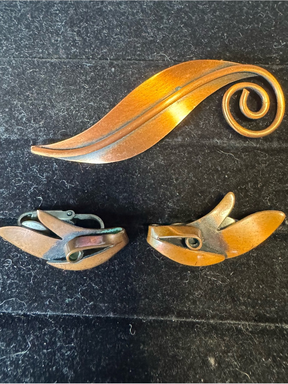 Vintage Copper Leaf Brooch and ORB Copper Clipback Earrings